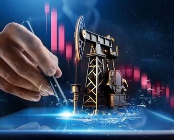 Illustration Showing Oil Rig, Rising Price Graph, And A Man's Hand Redrawing the Base