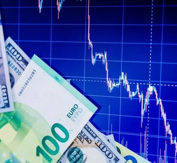 Collage Of U.S. Dollar And Euro Banknotes Over Digital Screen With Downward Graph