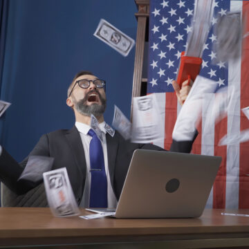 Image Of Politician Tossing Dollars Into The Air With U.S. Flag In Background