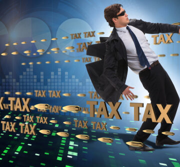 Concept Image Of Slick Executive Gliding Past Stock Graphs And Taxes