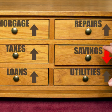 A Set Of Drawers Labeled With Names Of Expenses With Up Arrow And Savings With A Down Arrow