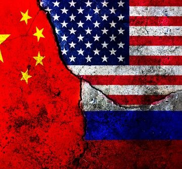 Flags Of USA, Russia, And China Against Cracked Wall