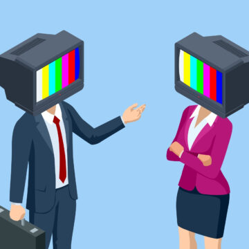 An Illustration Of A Man And Woman With TV Monitors On Their Heads