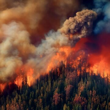Large Forest Fire With Many Acres Of Pine Trees Burning Down