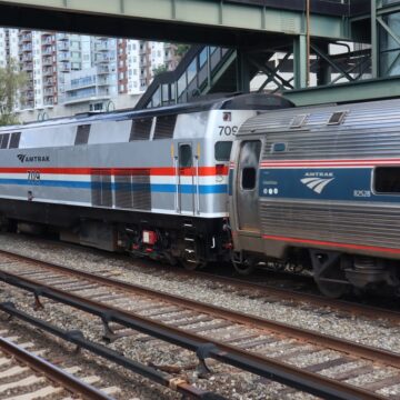 An Amtrack Train Passing Through The Yonkers, NY, Station