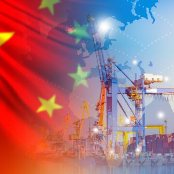 Chinese,Flag,Near,Port.,Arrows,Of,Cranes,From,Sea,Harbor. Collage Of Chinese Flag Overlaid With Image Of A Port And Cranes And Route Map