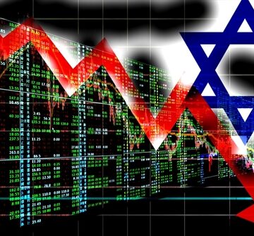 Concept Image Of Israeli Flag With Downward Stock Market Graph And Monitor With Numbers