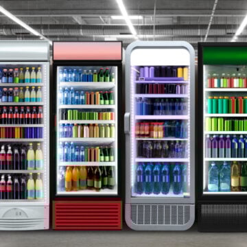Glass Door Coolers In Grocery Store Filled With Soda Pop