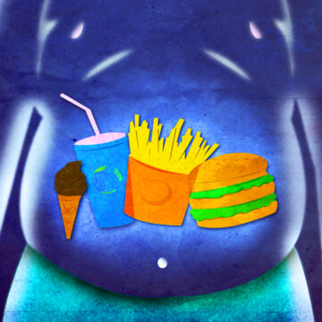 Illustration Of Overweight Man's Belly Filled With Junk Food, Fast Food