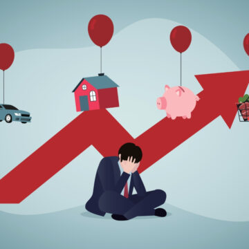 Illustration Of Distressed Man In A Suit Sitting Under A Red Up Arrow With Car, House, Piggy Bank, And Grocery Icons