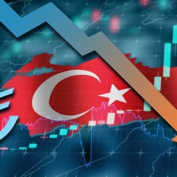 Illustration Of The Turkish Lira, Turkish Flag, Map, And Down Arrow