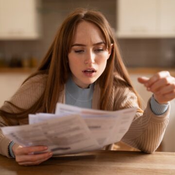 Dismayed Woman Looking At Her Bills In The Kitchen