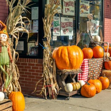 Pumpkins And Fall Theme On Main Street In Brighton, MA