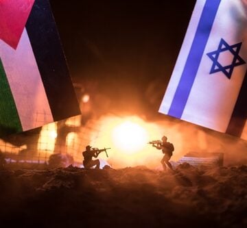 Concept Image Of Conflict Between Israel And Palestine With Flags And Battle Images In The Background