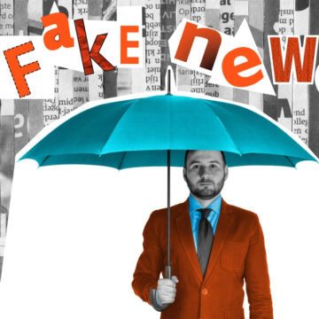 TRENDSEYE-JOURNALISM IS DEAD AMERICANS Collage Of A Man Under An Umbrella With The Cut-Out Words "Fake News" Above Surrounded By Strips Of Newsprint