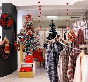 Festively Decorated, But Empty, Clothing Store During Christmas Season