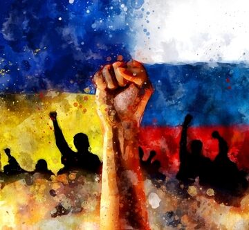 Painting Of Raised Fist Up Against Background Of Ukrainian And Russian National Flags