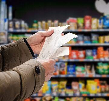 Grocery Shopper Viewing Receipts In Supermarket And Tracking Prices