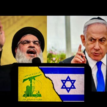 Image of The Late Hezbollah Leader Hassan Nasrallah Next To Israeli Prime Minister Benjamin Netanyahu With Their Country's Respective Flags
