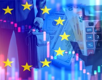 Collage Of Calculator, Currency, EU Flag, Stock Graph, Cyber Hacker, And Business Man Representing European Business