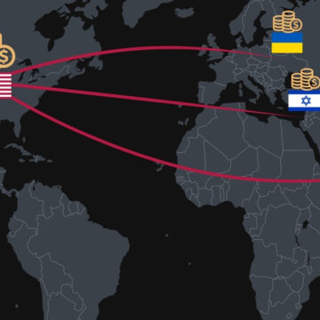 Illustration Showing Stacks Of Coins Being Sent To Israel And Ukraine