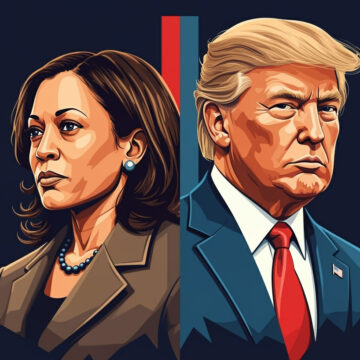 Colorful Illustration Of Vice-President Kamala Harris And President-Elect Donald Trump, Back To Back