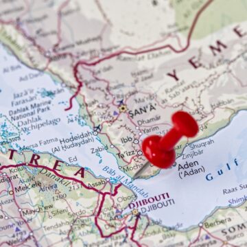 A Red Push Pin On A Map Of The Red Sea Region Showing The Bab Al Mandab Strait