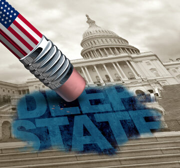 Concept Image Of United States Capitol Building With A Giant Eraser Revealing The Words "Deep State"