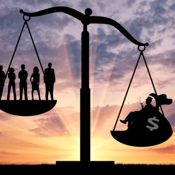 Concept Image Of Social Inequality With Rich Person On Scale And Ordinary People On Other Side Of Scale