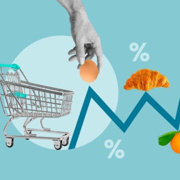 Inflation Image Showing An Upward Graph, Grocery Cart, Percentage Signs, And Food Items Such As An Egg, Orange, And Croissant