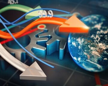 Concept Image Of Global Economy With The Earth And Gear Layered With 3D Lines Of Graphs