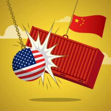Illustration Of A Wrecking Ball With U.S. Flag Crashing Into A Red Shipping Container With Flag Of China