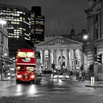 Royal Exchange In London With Red Route Master Bus