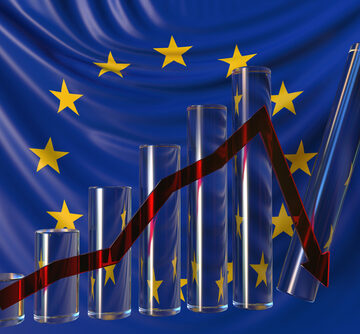 Glass,Bar,Chart,With,Downward,Trend,Against,Flag,Of,The Glass Bar Chart With Downward Trend Against The EU Flag