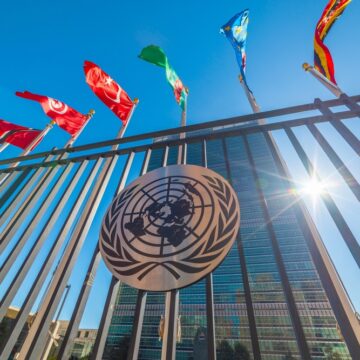 Flags Flying And Emblem Outside The United Nations Building In New York