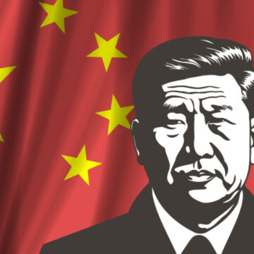 Composite Image Of The Flag Of China With A Black And White Illustration Of Xi Jinping In The Foreground