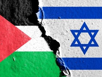 Both,The,Israeli,Flag,And,The,Palestinian,Flag,Are,Made Concept Image Of The Israeli And Palestinian Flags Torn In Half