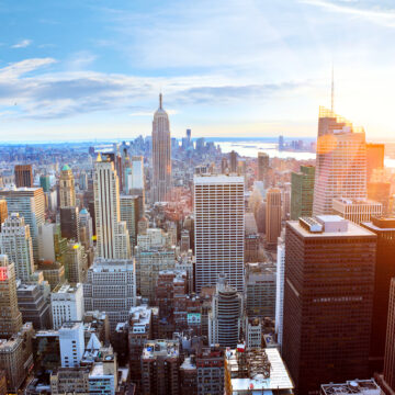 Aerial View Of Manhattan Skyline At Sunset