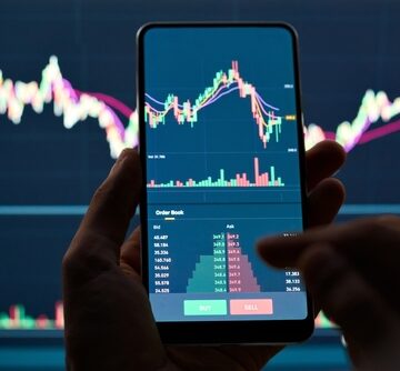 Market Trader Holding Mobile Phone With Stock Graphs In Front Of Large Screen With Market Graphs