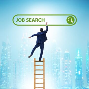 Illustration Of Man On Wobbly Ladder Reaching Up To Job Search Window