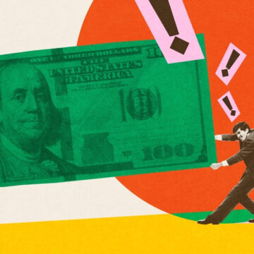 Colorful Collage Of Man Dragging Oversized U.S. $100 Bill With Exclamation Marks Rising From His Head