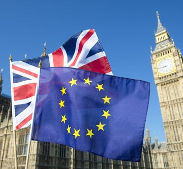 European Union And British Union Jack Flags Flying In Front Of Parliament