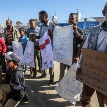Displaced Palestinians Protest In Front Of UNRWA Headquarters Pleading For Hunger Relief In The Gaza Strip