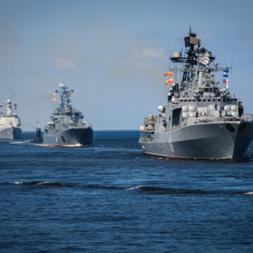 A Line Of Modern Russian Military Naval Battleships In The Baltic Sea