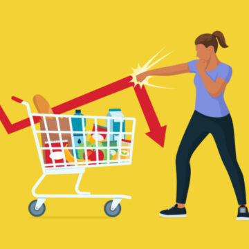 Illustration Of Female Grocery Shopper Punching Back At Rising Graph Line And Arrow
