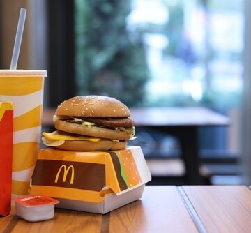 A Big Mac Meal On A Wooden Table In A MCDonald's