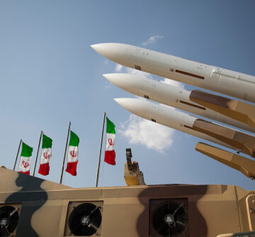 Iranian Military Museum In Tehran With Flags, Tank, And Missiles On Display