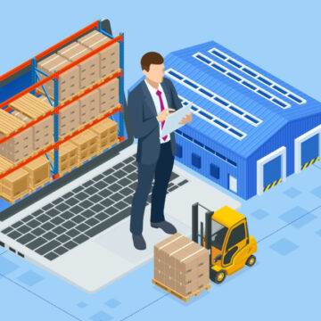Illustration Of A Businessman Standing On Top Of Keyboard And Surrounded By Factory Items