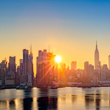 Midtown Manhattan Skyline At Sunrise As Viewed From Weehawken, NJ