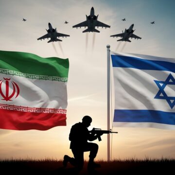 Concept Image Of Israel And Iran Military Conflict With Their Flags, A Soldier With Machine Gun, And Fighter Jet Formation